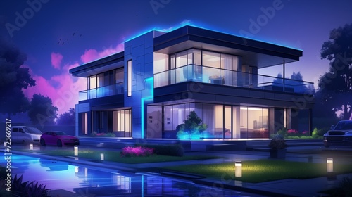 the night scene of a modern house with blue lights. Digital concept, illustration painting. © X-Poser