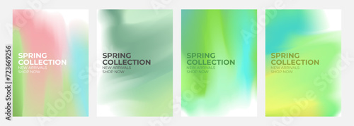 Spring Collection. New Arrivals. Promotional flyers set. Springtime season abstract blurred color backgrounds for business, seasonal shopping promotion and advertising. Vector illustration.