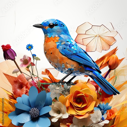 Artistic representation of a small bird perched on a flower