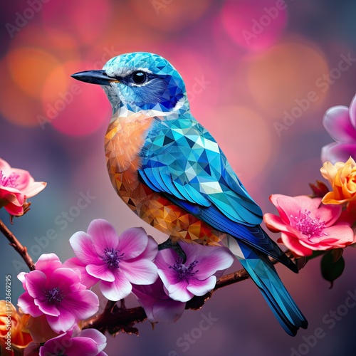Colorful Bluebird Perched on a Branch with Pink and White Flowers