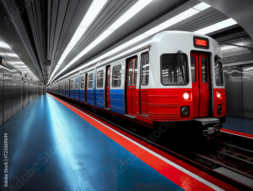 A bustling train station serves as a transport hub for the vibrant red rolling stock, ready to whisk passengers away on their journey through the underground metro system