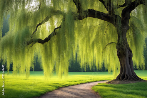 Beautiful spring landscape in the park with weeping willow tree and path