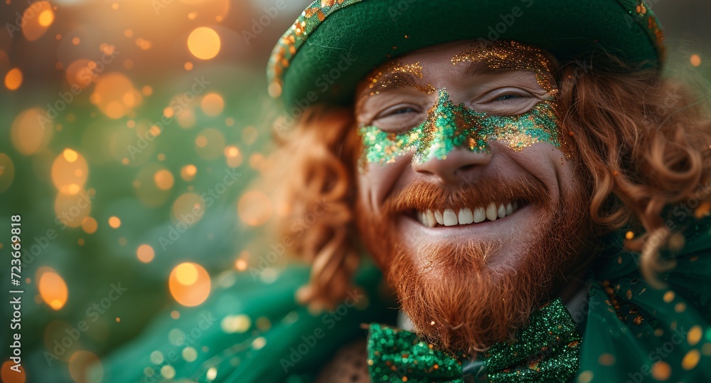 Obraz premium St. Patrick's Day Celebration: A Man in a Green Hat and Beard with Gold Paint on His Face Generative AI