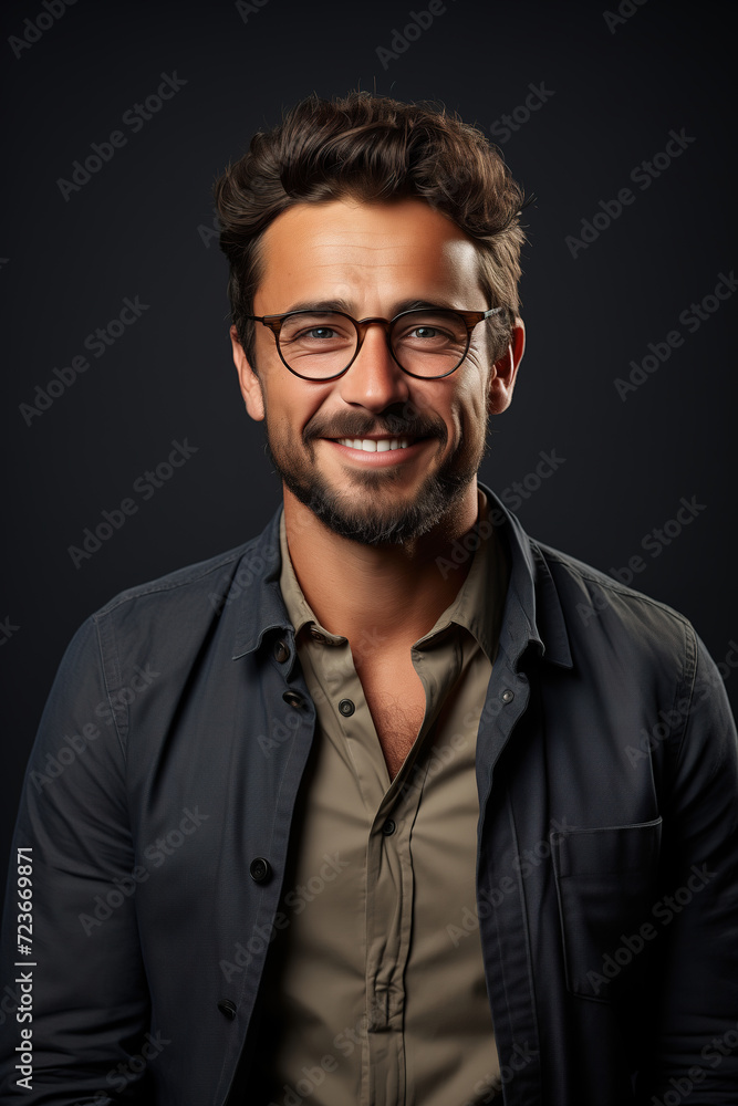 A smiling gentleman with a neatly trimmed beard and moustache, wearing a dress shirt and jacket, gazes confidently at the viewer through his stylish glasses