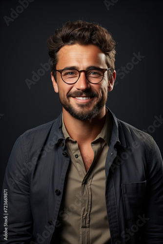 A smiling gentleman with a neatly trimmed beard and moustache, wearing a dress shirt and jacket, gazes confidently at the viewer through his stylish glasses