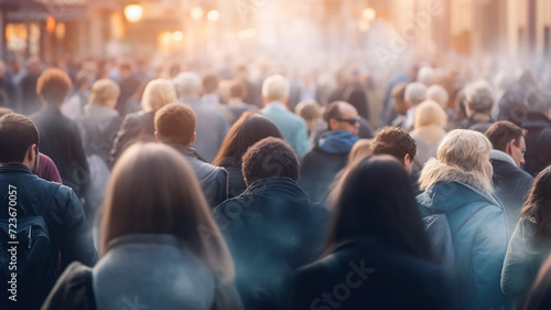 a crowd of people in the city, blurred abstract background