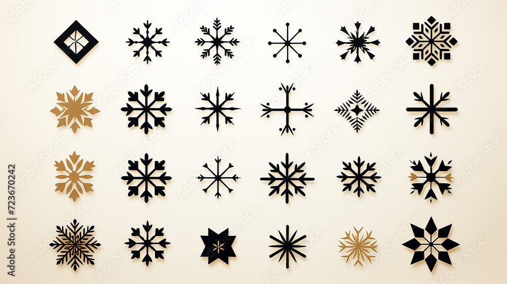 collection of snowflakes isolated on a white background, flat minimalism graphics, set of winter patterns