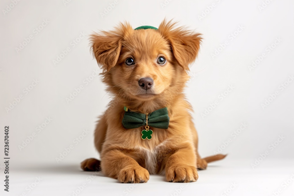 Puppy in a Bowtie: A Cute and Festive Photo for St. Patrick's Day Generative AI