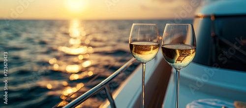 couple glass of champagne on a yacht. over the sea. luxury vacation. photo