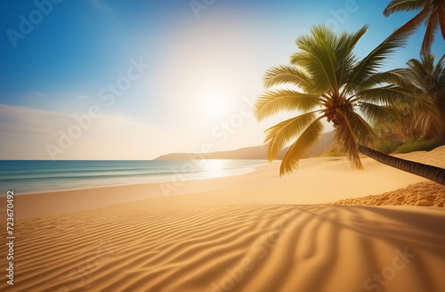 Palm tree on the beach  golden sand in the background of the sea and sky  free space for an inscription