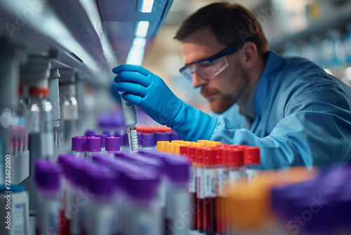 An image of a scientist researching new blood testing methods in a laboratory setting, photo