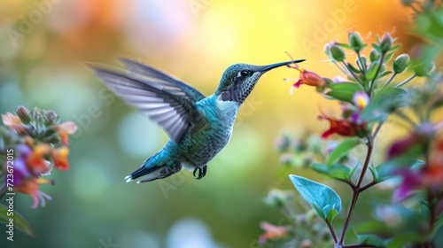 Vibrant Hummingbird Feeding on Nectar from Colorful Flowers in a Sunlit Garden
