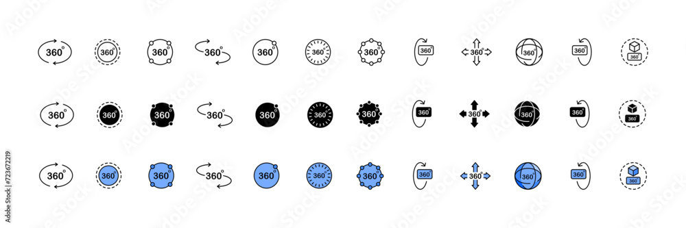 360 degrees icon collection. Linear, silhouette and flat style. Vector icons