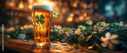 St. Patrick's Day Celebration: A Glass of Beer with Shamrocks Generative AI photo