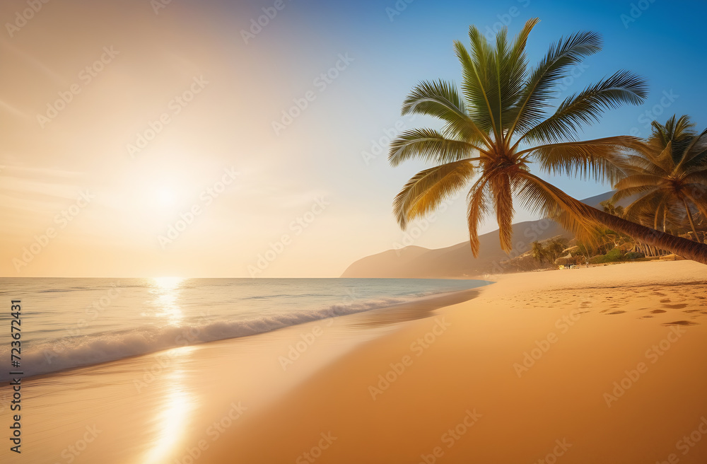 Palm tree on the beach, golden sand in the background of the sea and sky, free space for an inscription