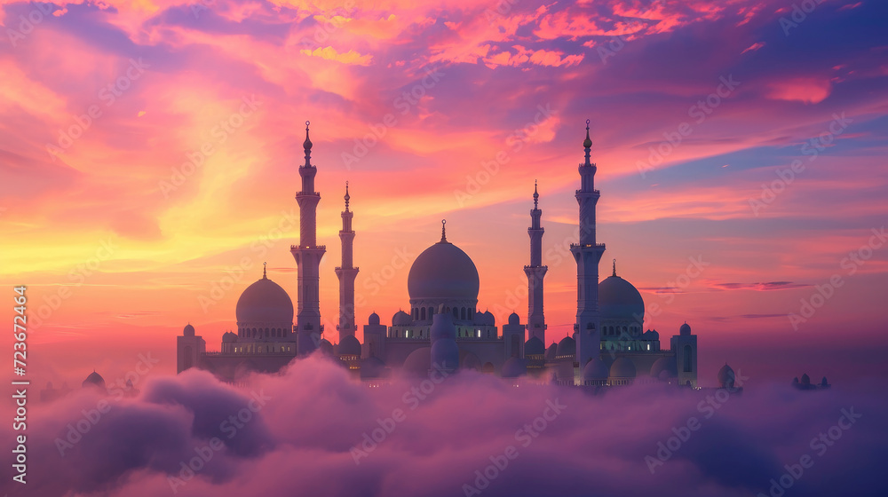 Magnificent mosque above the clouds with soft light of evening sunlight in colorful sky