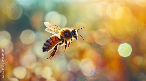 Bee in Mid-Flight Illuminated by Sunlight Against Bokeh Background © muhriZ