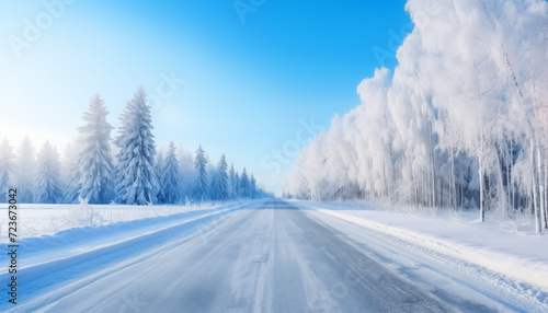 Frozen road through snowy forest in winter with the blue sky. Straight asphalt road goes into the distance. There are snow-covered trees on both sides of the road. Positive scenery.
