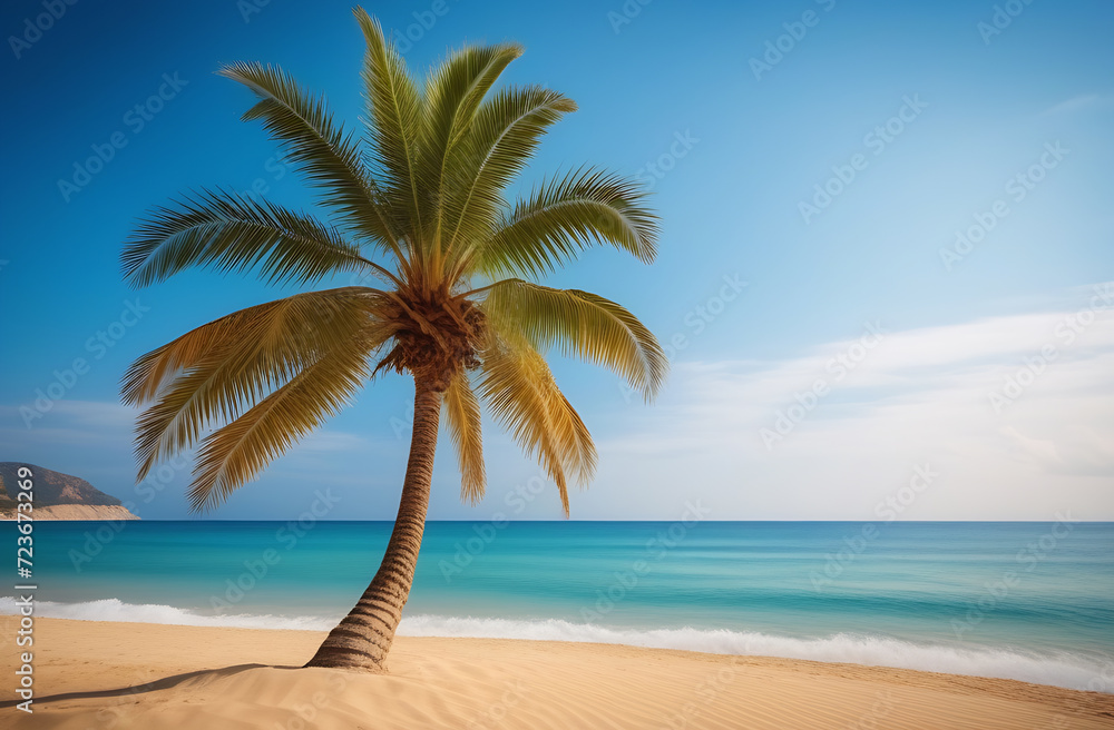 Obraz premium Palm tree on the beach, golden sand in the background of the sea and sky, free space for an inscription