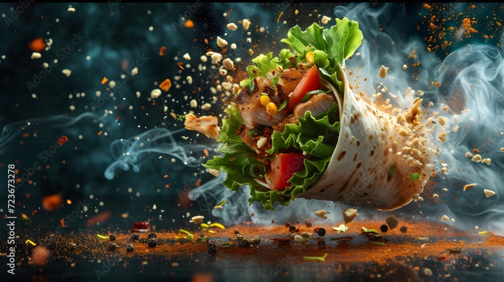 Vibrant Explosion of Flavor with a Delectable Chicken Wrap in Artistic Motion Against a Dark Backdrop - obrazy, fototapety, plakaty 