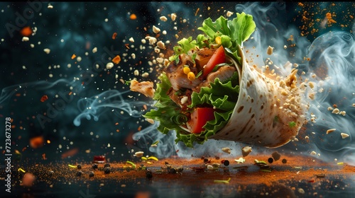Vibrant Explosion of Flavor with a Delectable Chicken Wrap in Artistic Motion Against a Dark Backdrop