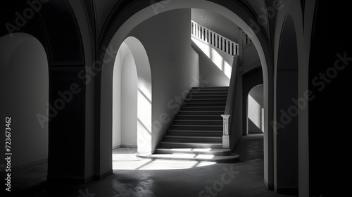 Arch Door and Stairs in Monochrome.