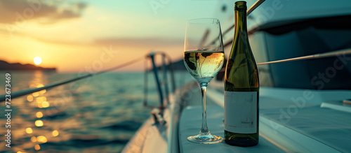 glass and bottle of champagne on a yacht. over the sea. luxury vacation. © Lucianastudio