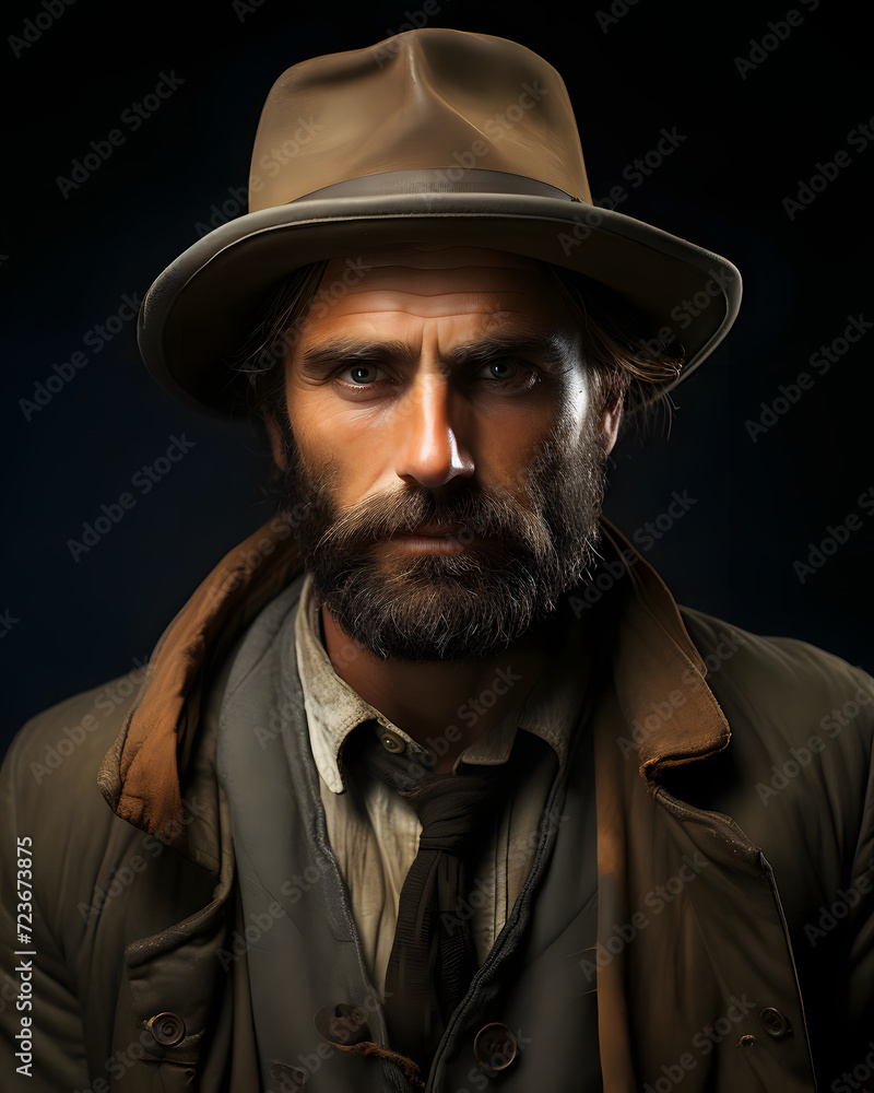Portrait of a Bearded Old Cowboy Wearing a Hat against a Dark Background. Wild Western Man Portrait of a Bearded Old Cowboy Wearing a Hat against a Dark Background. Wild Western Man