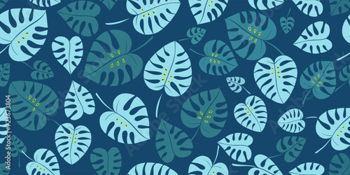 Vector illustration, Seamless pattern of blue leaves of monsters of different shades on a blue background. Background for the site, for packaging, product design, wallpaper, fabric, textile