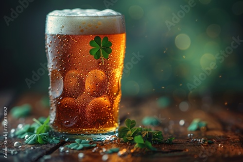 St. Patrick's Day Celebration: A Glass of Beer with a Clover Leaf Generative AI