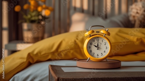 Alarm clock on the bedside table, Yellow color theme