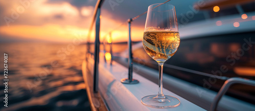 glass of champagne on a yacht. over the sea. luxury vacation. photo