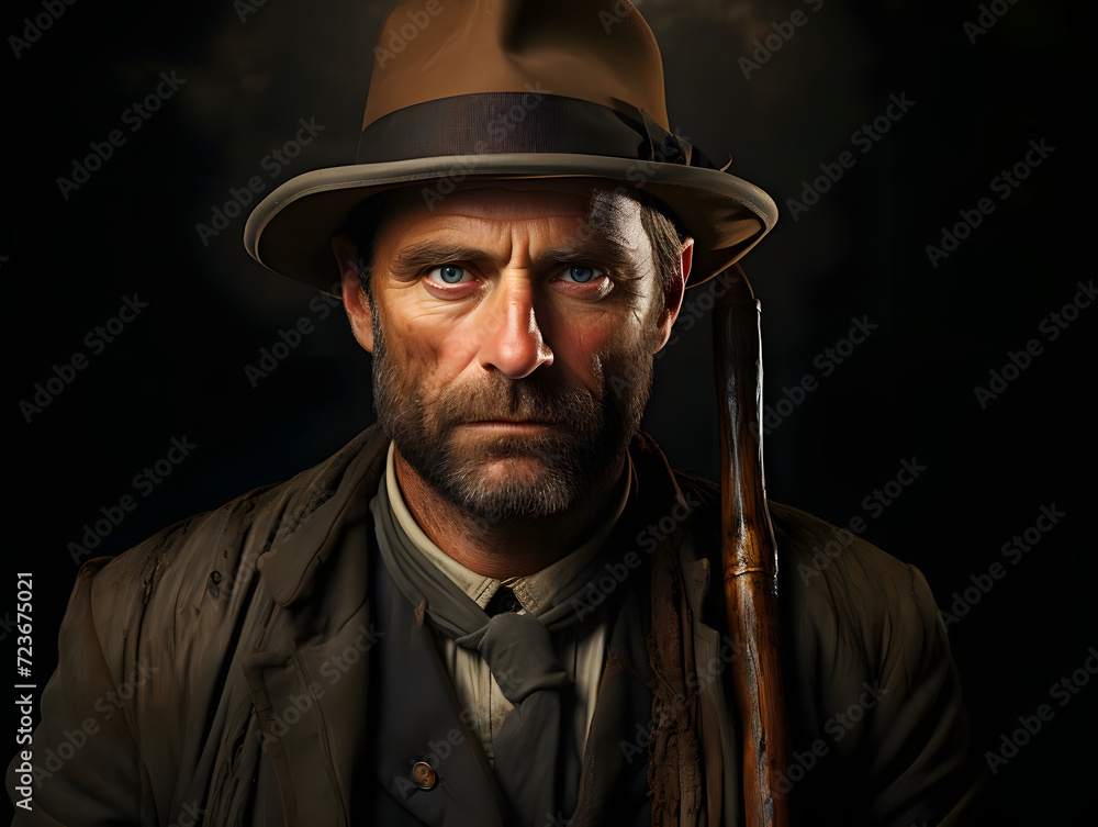 Portrait of a Bearded Old Cowboy Wearing a Hat against a Dark Background. Wild Western Man Portrait of a Bearded Old Cowboy Wearing a Hat against a Dark Background. Wild Western Man