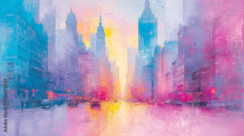 Fototapeta premium A vibrant urban dreamscape of Berlin, where abstract brushstrokes bring to life the city's energy at dusk, amidst the silhouettes of iconic architecture.