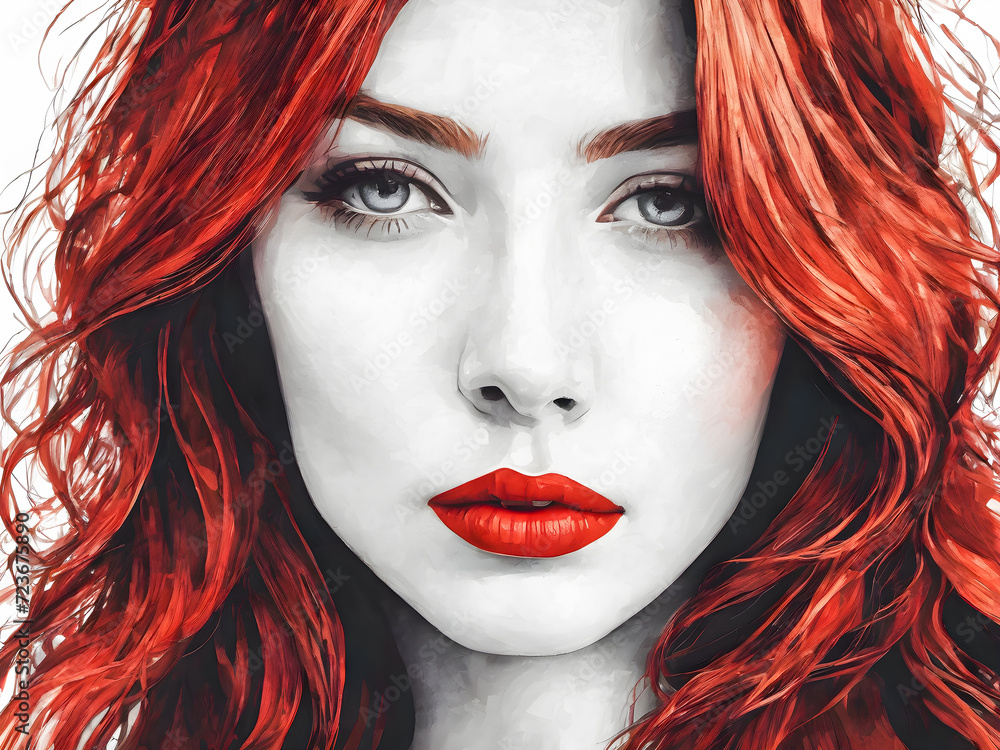 Obraz premium Close-up drawing of the face of a beautiful woman with red hair and red lipstick.