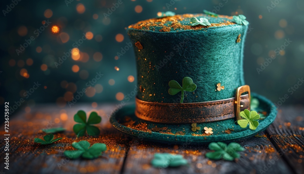 St. Patrick's Day Celebration: A Shamrock-Filled Hat with Gold Leaf Decorations Generative AI - obrazy, fototapety, plakaty 