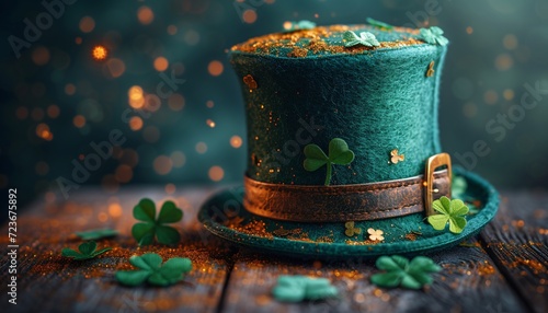 St. Patrick's Day Celebration: A Shamrock-Filled Hat with Gold Leaf Decorations Generative AI photo