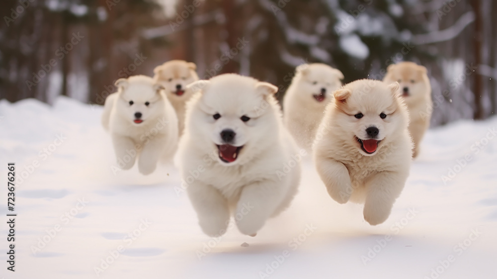 a group of cheerful dogs runs in dynamic poses through the winter fluffy snow on a frosty sunny day, fluffy pets, Christmas snowflakes a group of cheerful dogs runs in dynamic poses through the winter fluffy snow on a frosty sunny day, fluffy pets, Christmas snowflakes