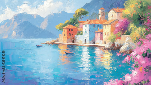 Vivid coastal village painting, drenched in sunlight with turquoise waters, blossoming flora, and historic architecture. #723676249