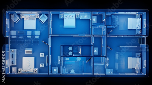 floor plan of the house, top view on a black background in the style of neon transparent partitions