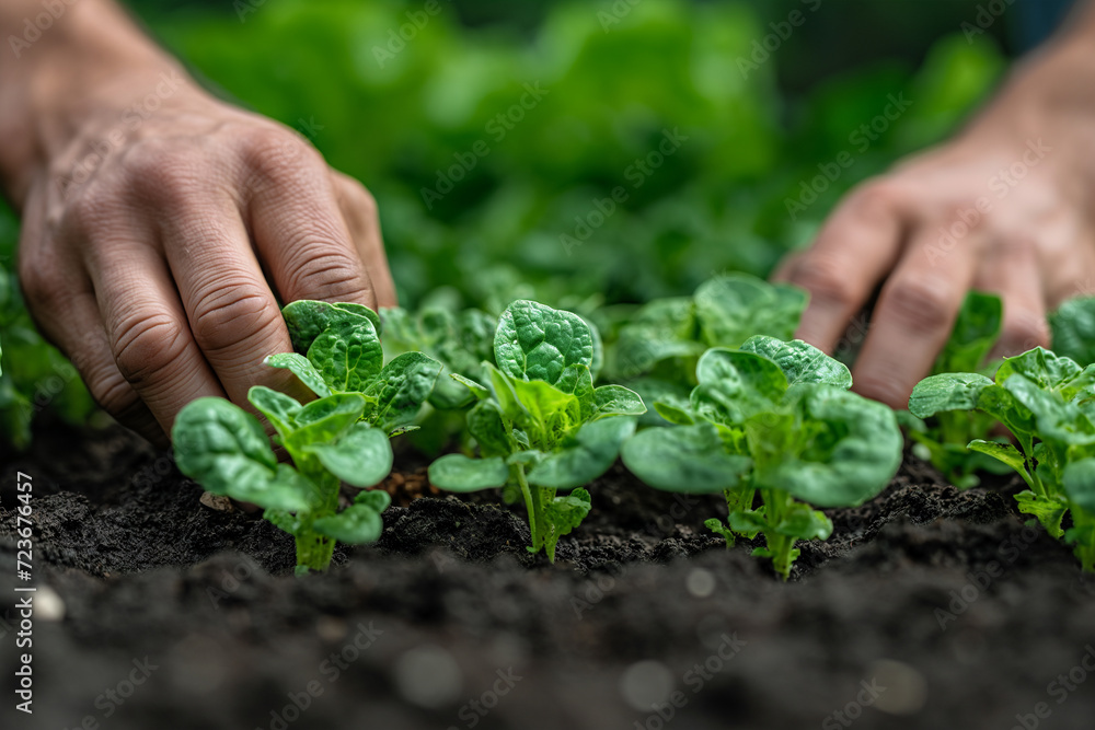 Hands of man planting lettuce seedlings in vegetable garden Hands of man planting lettuce seedlings in vegetable garden