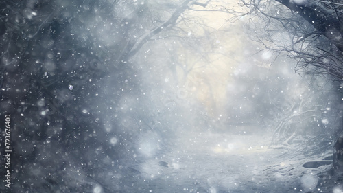 landscape in a winter park, snow falling light background, trees covered with frost in the morning sun and fog, greeting card with a copy space