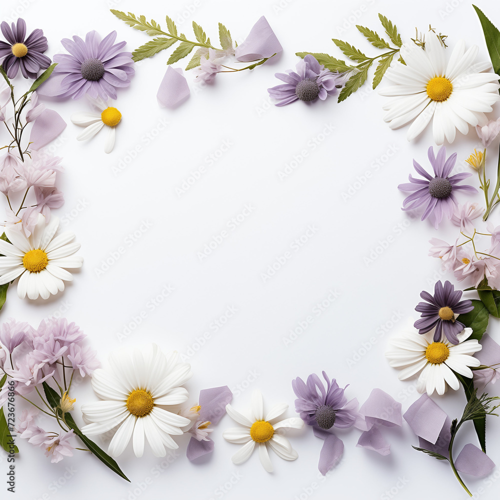 Obraz premium An intricate floral frame bursting with vibrant purple petals and delicate leaves, evoking a sense of natural beauty and elegance