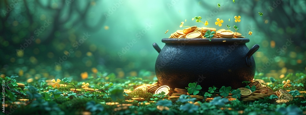 Fototapeta premium St. Patrick's Day Gold Rush: A Shamrock-Filled Cauldron of Coins Generative AI