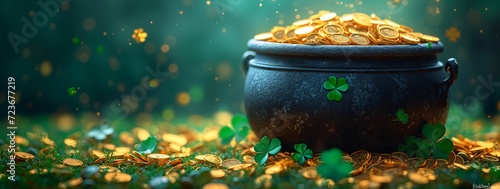 St. Patrick's Day Gold Rush: A Leprechaun's Treasure Chest Filled with Golden Coins and Shamrocks Generative AI photo