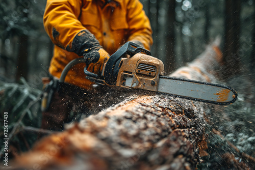 Lumberjack sawing a tree trunk with a chainsaw