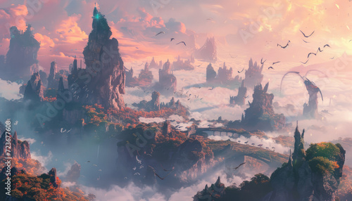 illustration of a fantasy land with lots of clouds