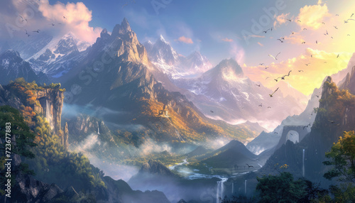 illustration of a fantasy land with lots of clouds photo