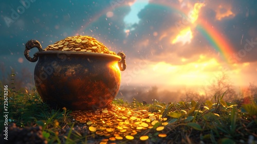 Golden Pot of Plenty: A Rainbow-Colored Treasure Chest Filled with Golden Coins Generative AI