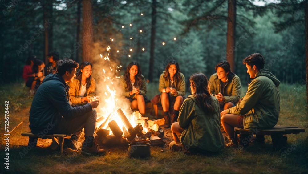 group of friends enjoying a night by the campfire